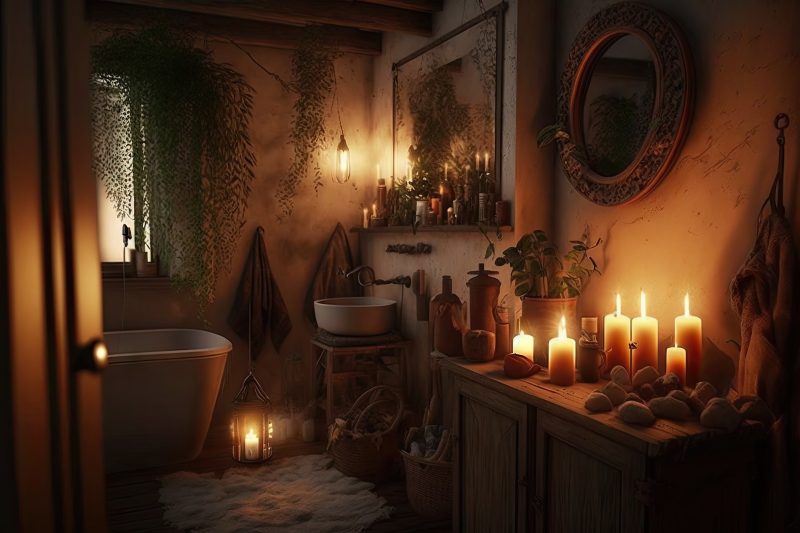 bathroom with warm and cozy atmosphere created by candlelight and natural materials
